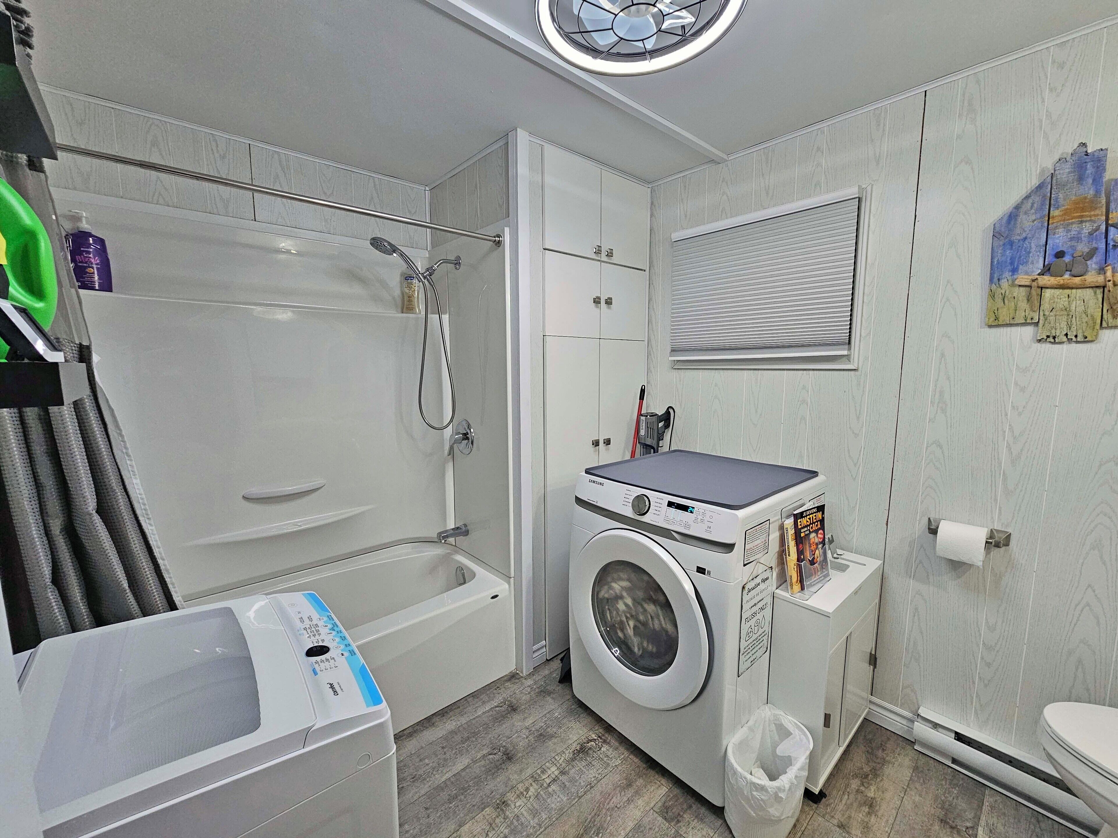 Hair dryer, towels, soap, shampoo