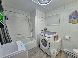 Hair dryer, towels, soap, shampoo