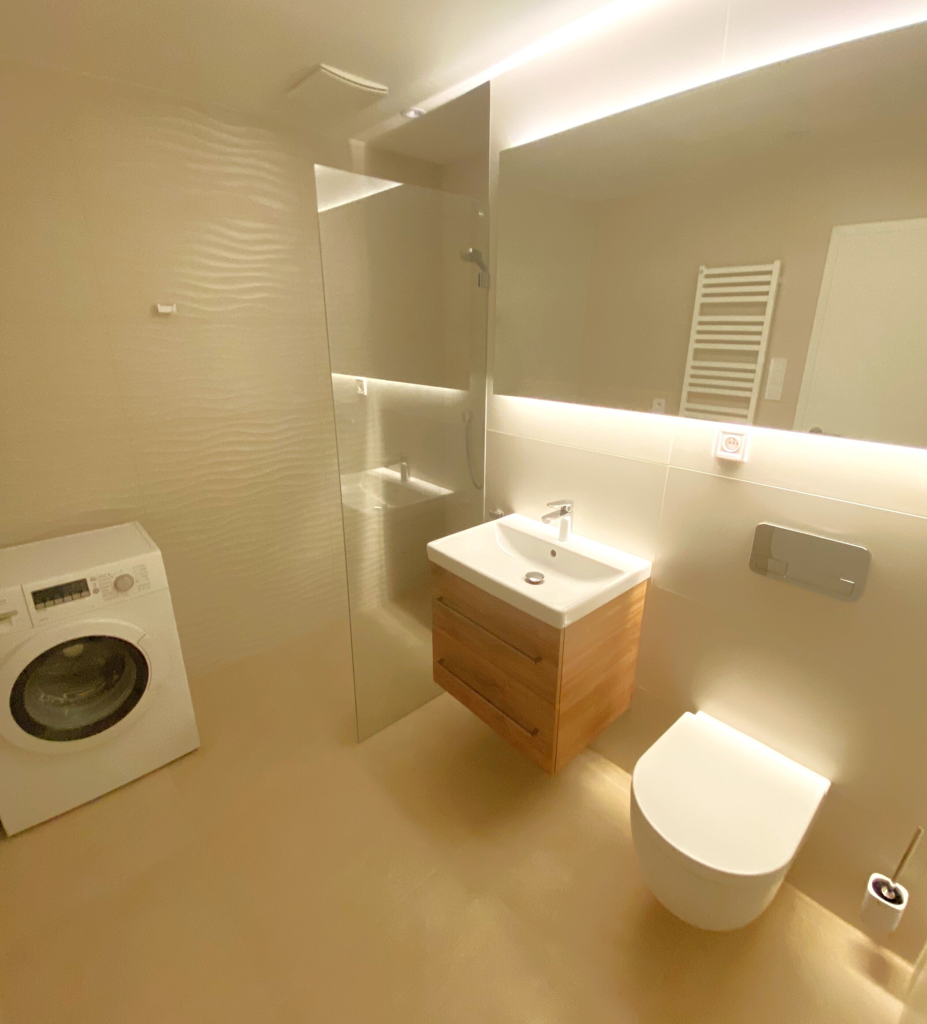 Shower, towels, soap, toilet paper