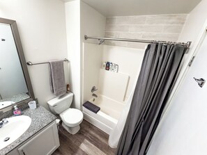 Hair dryer, towels, soap, toilet paper