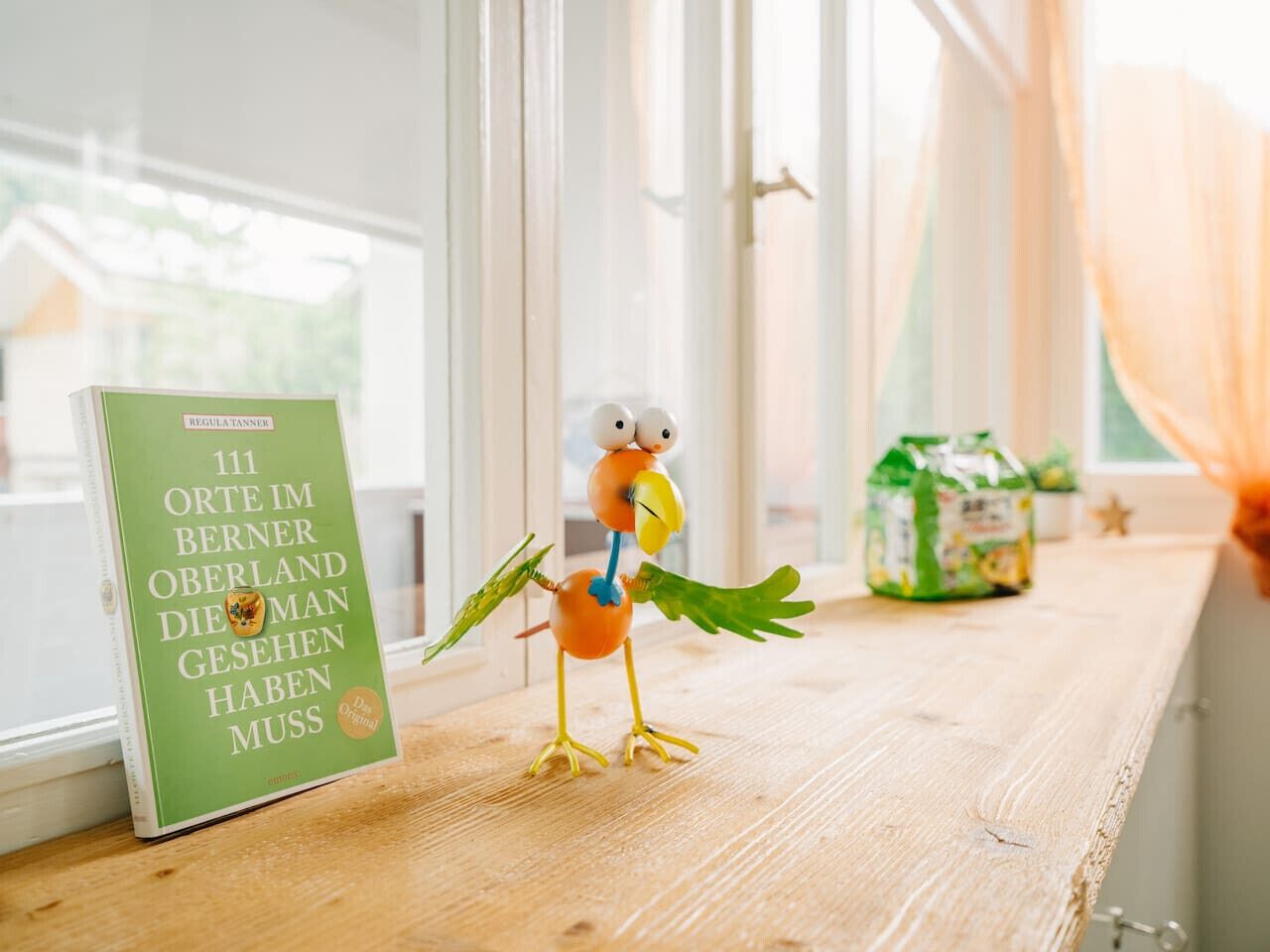 A wooden shelf with a book titled '111 Orte im Berner Oberland Die Man Gehen Haben Muss' and a toy bird.