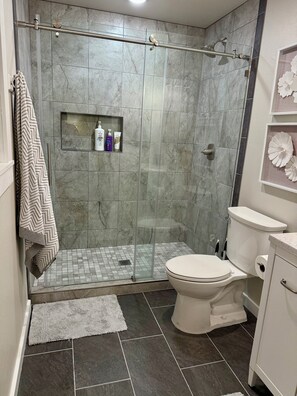 Shower, hair dryer, towels, soap