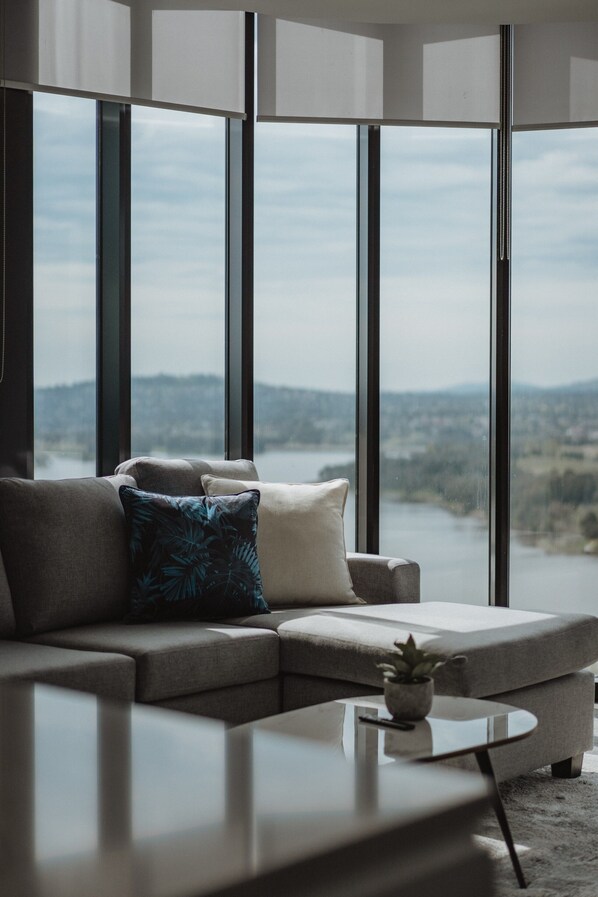 Apartment | Living room - Panoramic Lake View 2-bed With Pool, (Canberra)