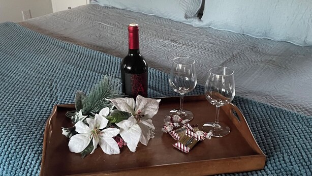 Een net opgemaakt bed met een blauwe geweven deken, een houten dienblad met wijn, glazen en een kerststerrenplant.