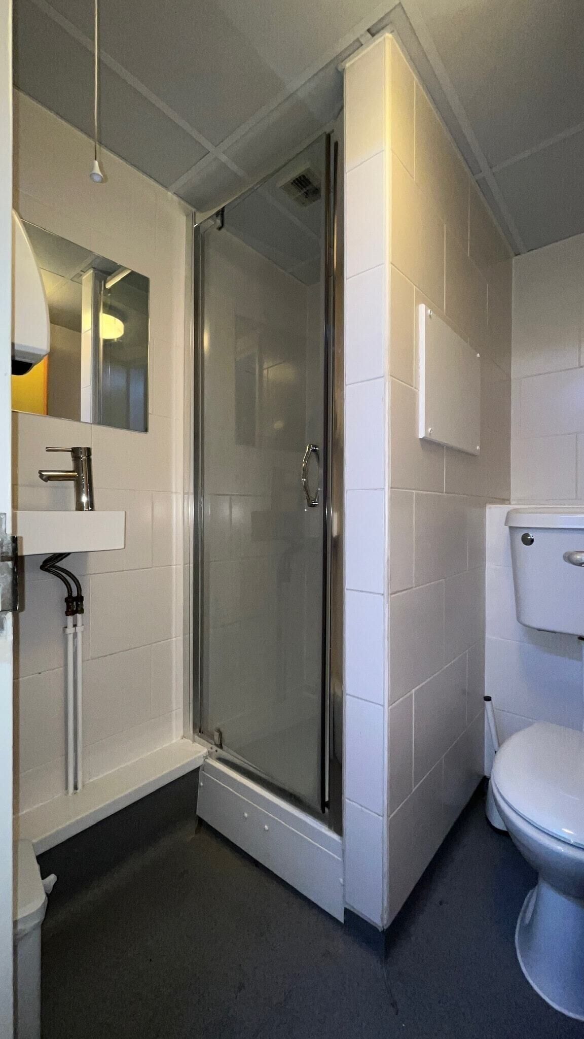 A modern bathroom with a glass shower enclosure, a white sink, and a toilet.
