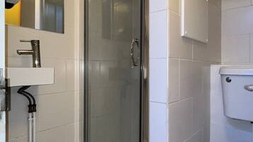 A modern bathroom with a glass shower enclosure, a white sink, and a toilet.