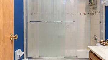 Hair dryer, towels, soap, toilet paper