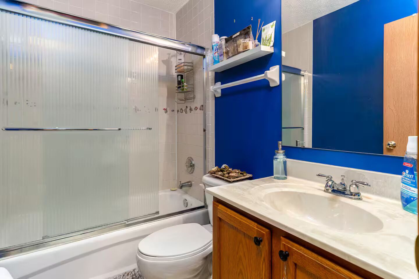 Hair dryer, towels, soap, toilet paper