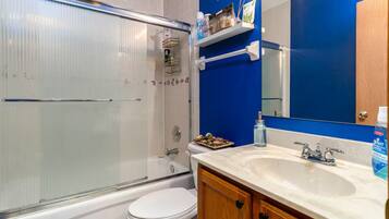 Hair dryer, towels, soap, toilet paper