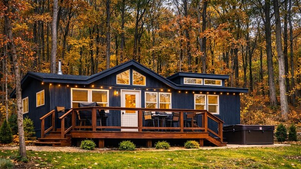Eine Hütte mit einer Terrasse, einer überdachten Veranda und einem großen Fenster mit Blick auf einen Wald.