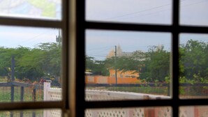A view through a window with a grid pattern, featuring a building with a dome and a fence with greenery in the foreground. - LIMITED OFFER FOR FIRST GUESTS - ENJOY MY HOME AT A GREAT RATE! (Noord,)