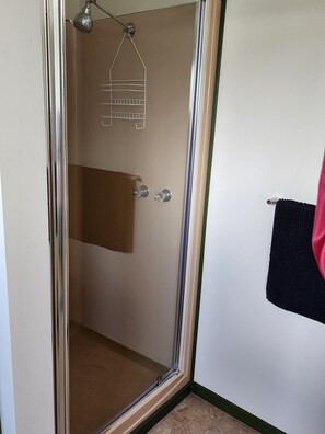 Shower, towels, soap, shampoo