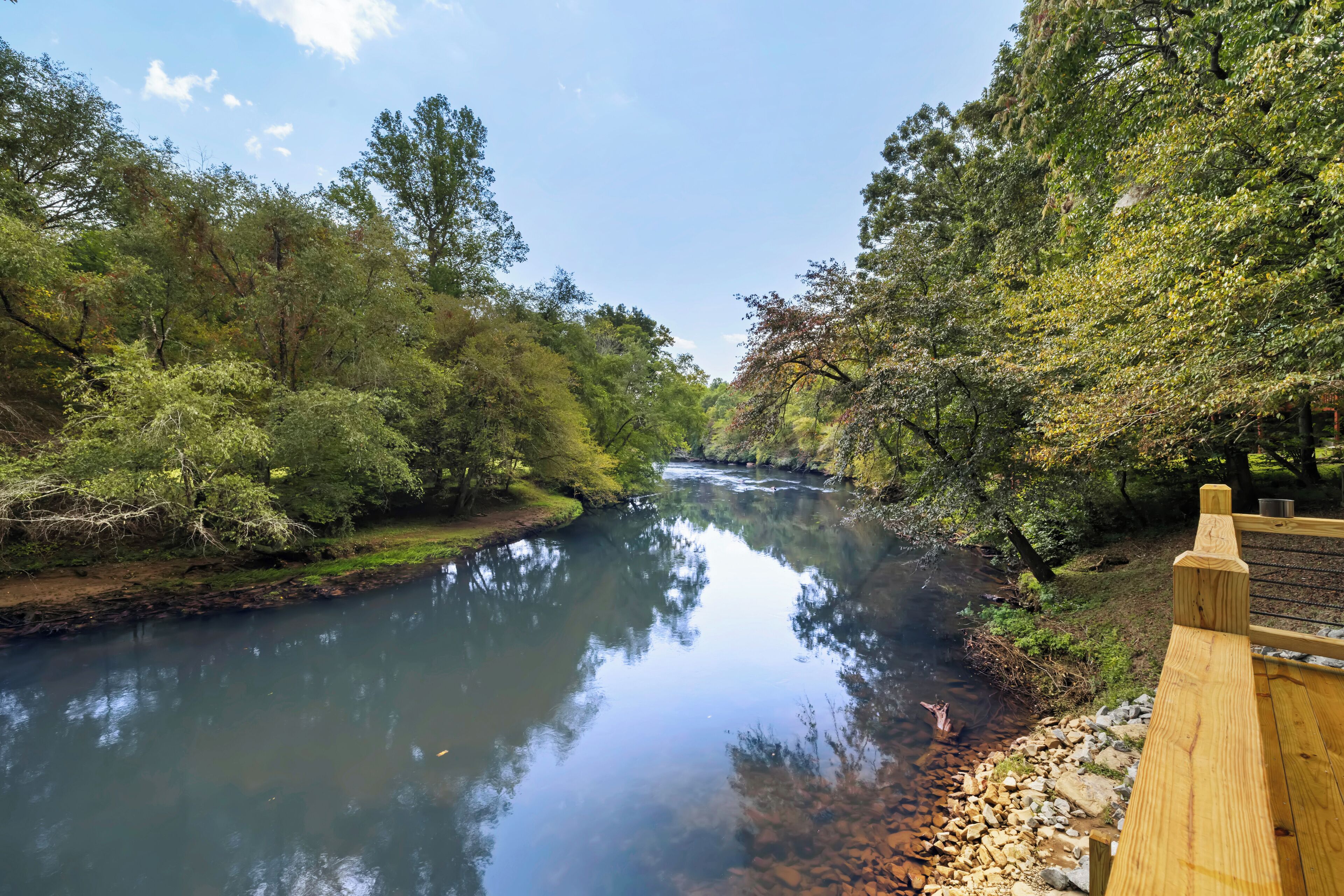 A wooden bridge over a calm river surrounded by dense trees.