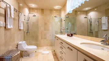 Shower, towels, soap, shampoo