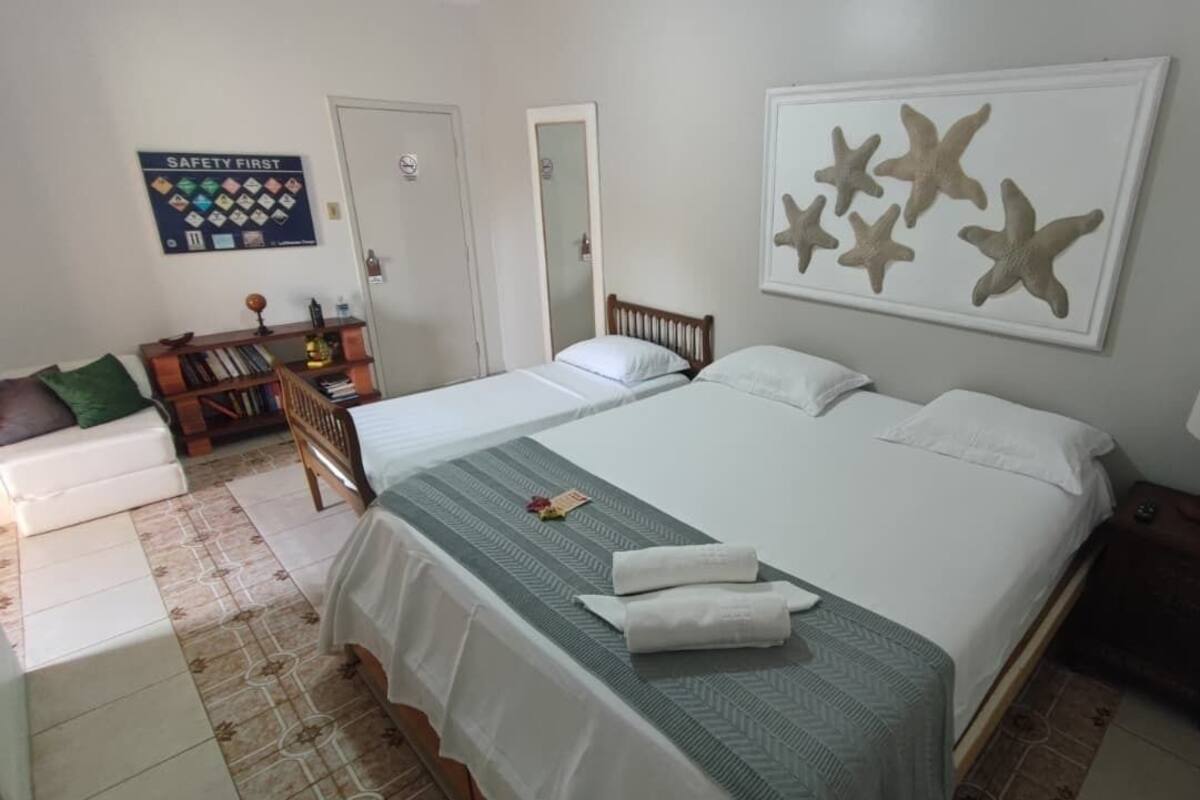 A hotel room with two beds, a sofa, a bookshelf, and a wall with starfish decorations.