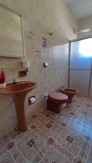 Ducha, secador de pelo, toallas, jabón