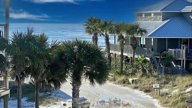 A beachfront property with a clear view of the ocean, palm trees, and a building with a blue roof. - Gulf View - 3 bed/3.5 bath Cape San Blas FL. Pet friendly! (Port St. Joe)