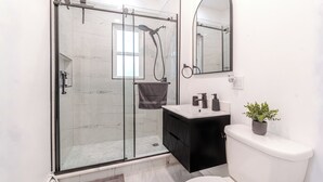 Un baño moderno con ducha de vidrio, lavamanos blanco con gabinete negro y un inodoro con planta en maceta.