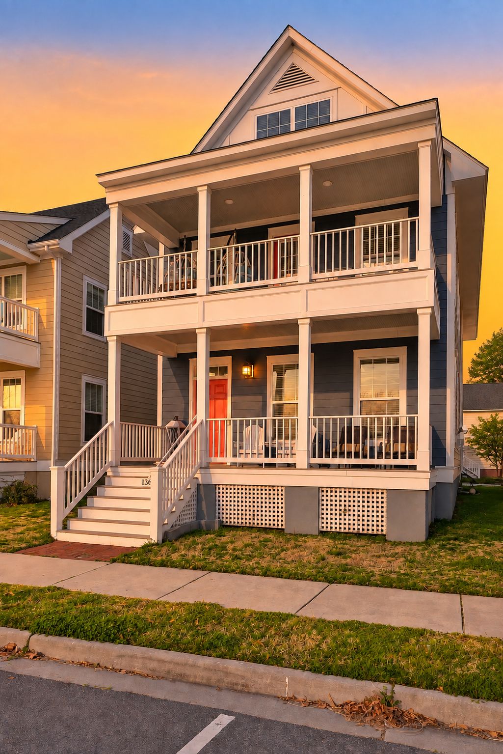 A two-story residential building with a front porch, a red door, and a staircase leading to the entrance.