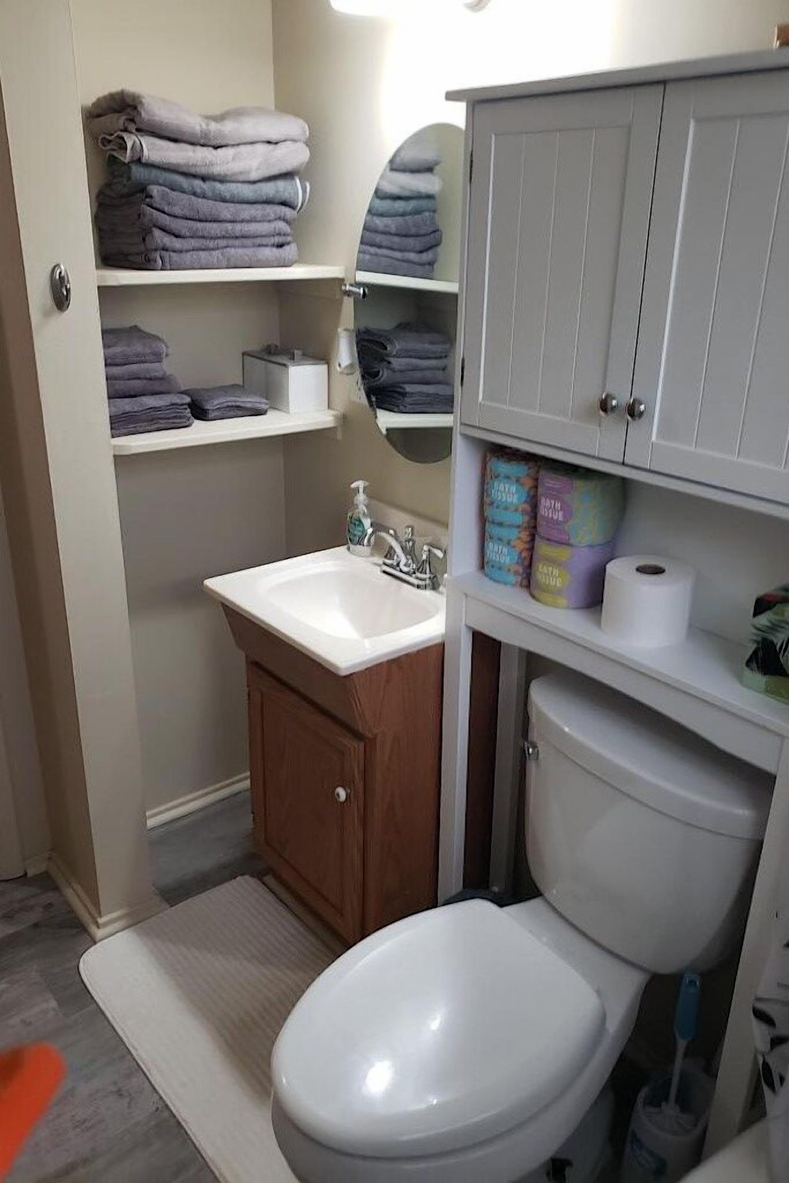 Hair dryer, towels, soap, toilet paper