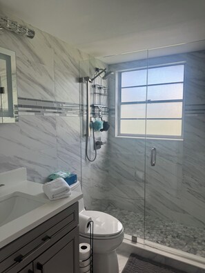 Hair dryer, towels, soap, toilet paper