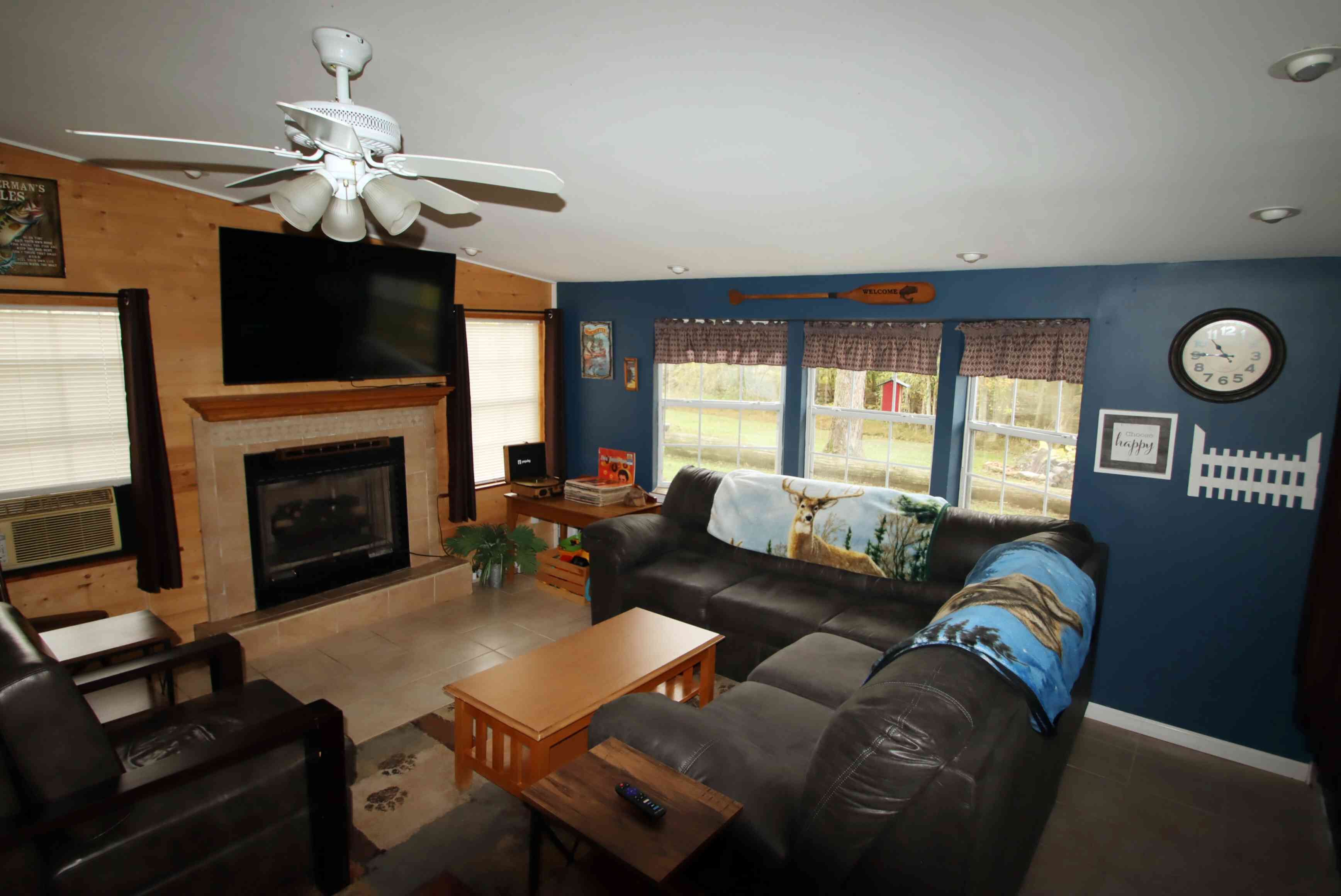 Smart-TV, Kamin, Bücher, Musikbibliothek