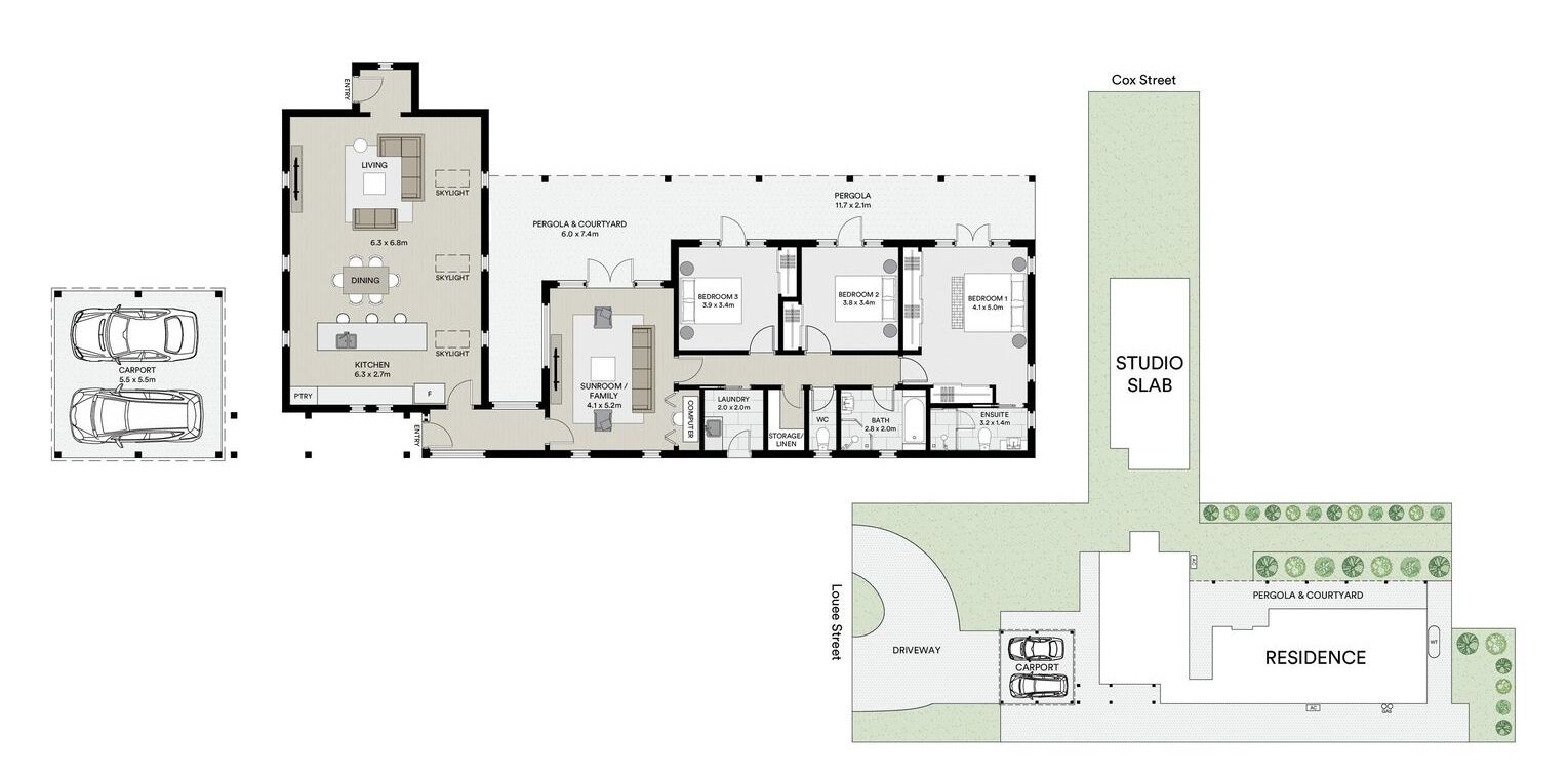 Plan d’étage d’une maison comprenant un abri pour voiture, un espace de vie, une salle à manger, une cuisine, un salon, une buanderie, des chambres, une salle de bain et un atelier.
