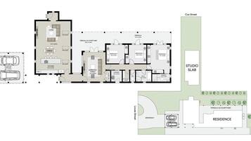 Plan d’étage d’une maison comprenant un abri pour voiture, un espace de vie, une salle à manger, une cuisine, un salon, une buanderie, des chambres, une salle de bain et un atelier.