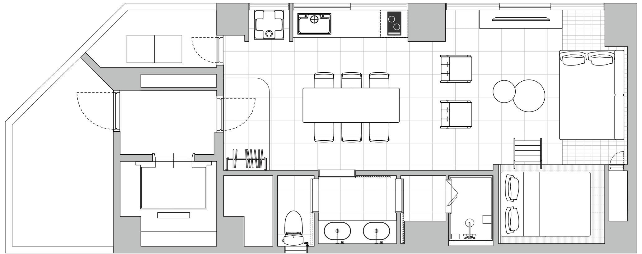 Een plattegrond van een hotel met een eetgedeelte, keuken en meerdere slaapkamers.