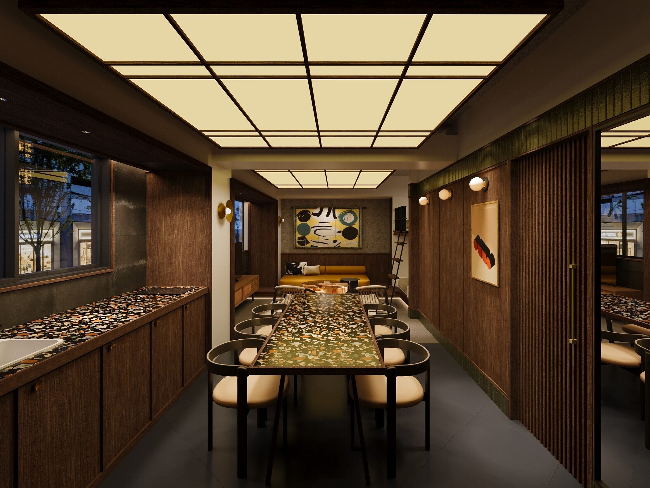 Desk, laptop workspace, blackout curtains, iron/ironing board