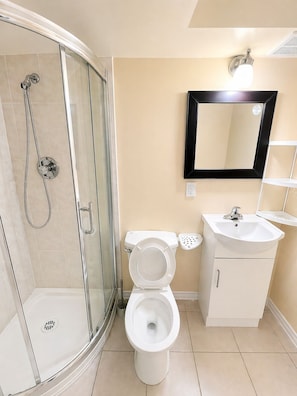 Hair dryer, towels, soap, shampoo