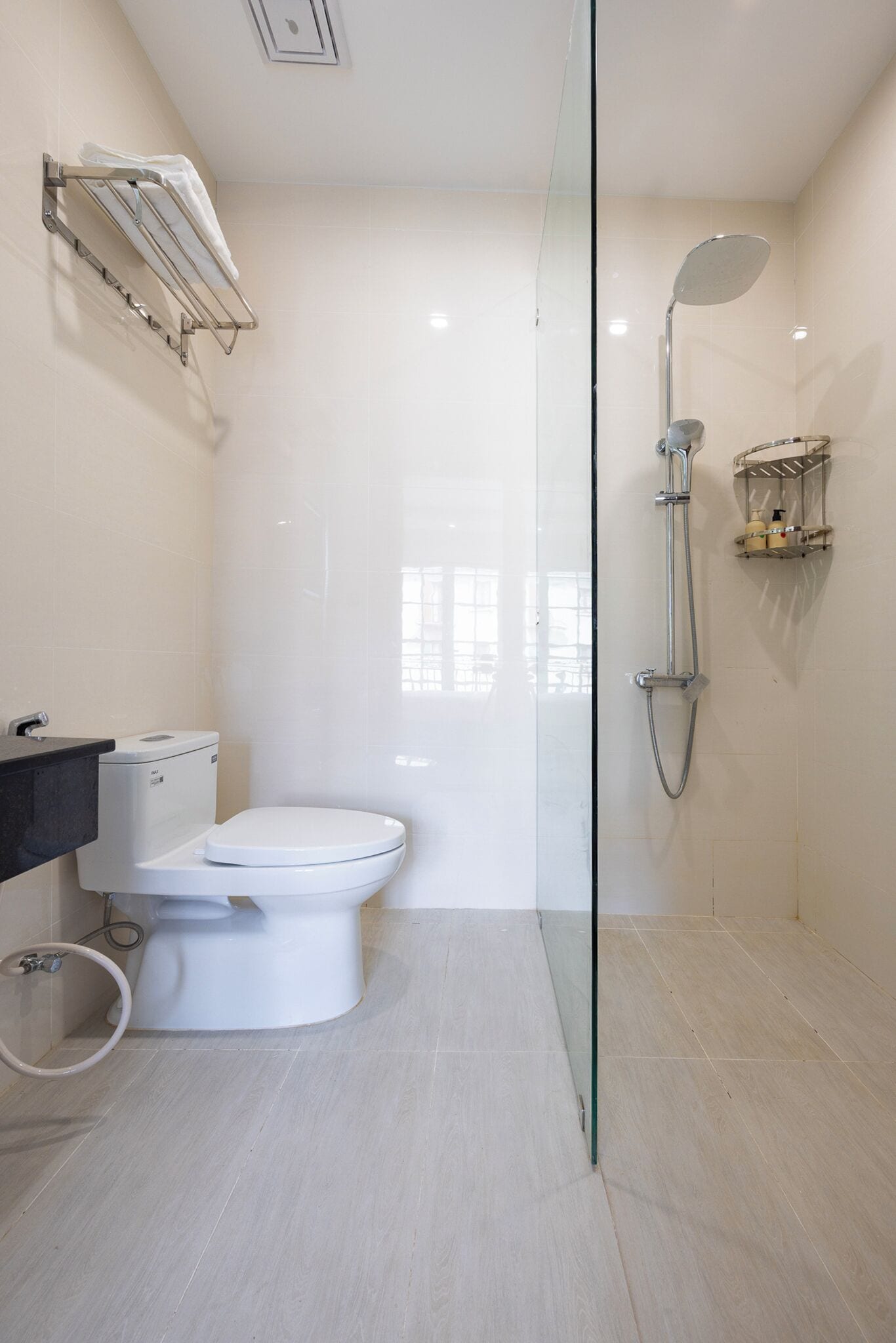 Un baño moderno con ducha envuelta en vidrio, un inodoro blanco y un pequeño estante con artículos de aseo.