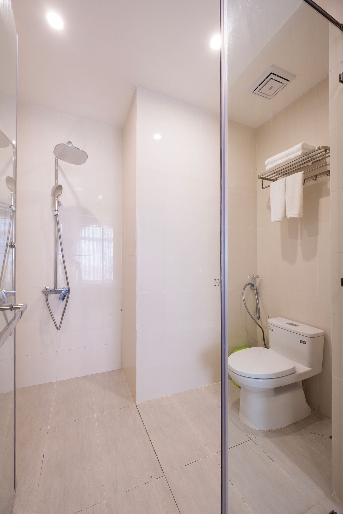 Une salle de bain moderne avec une douche à parois de verre, des toilettes et un porte-serviettes.