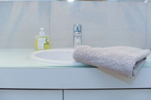 Douche, séchoir à cheveux, serviettes fournies, savon