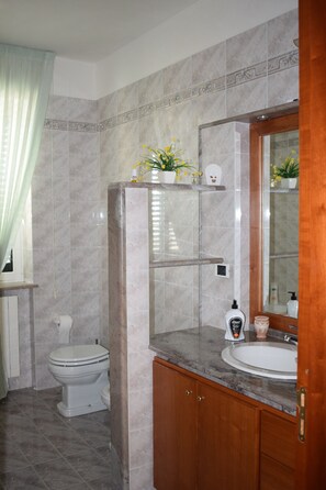 Ein Badezimmer mit Toilette, Waschbecken und Spiegel.