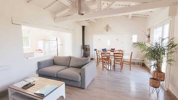 Een televisie, een open haard en boeken