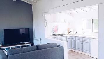 Een televisie, een open haard en boeken