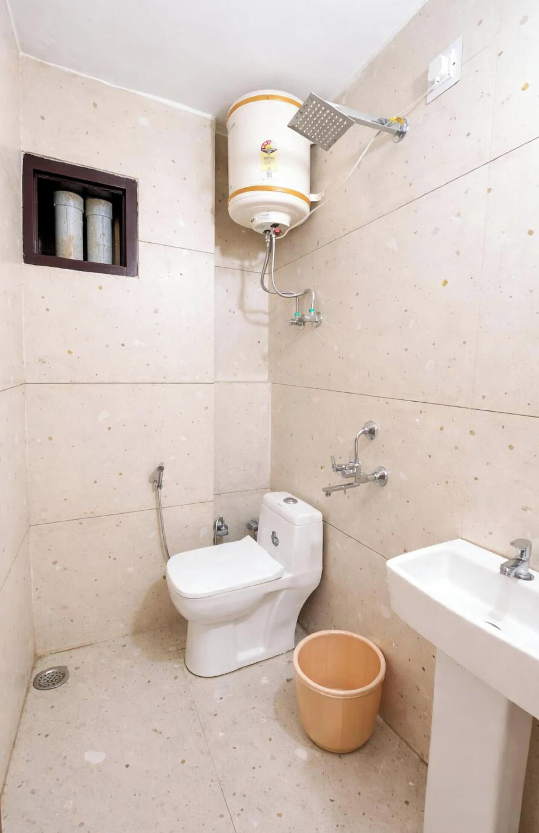 Shower, rainfall showerhead, slippers, towels