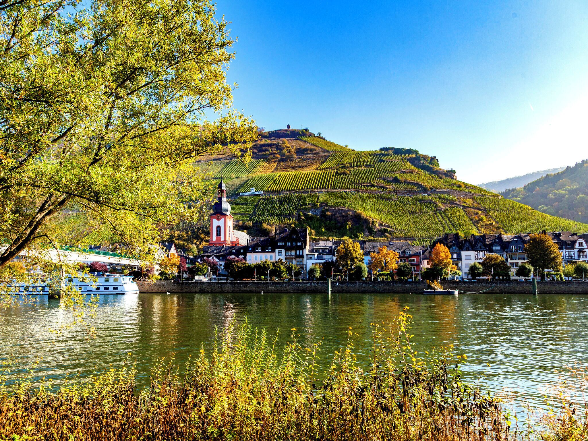 A riverside town with vineyards, a church, and houses along the water.