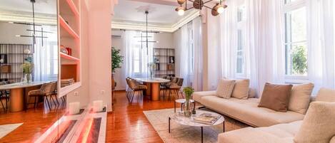 TV, fireplace, books