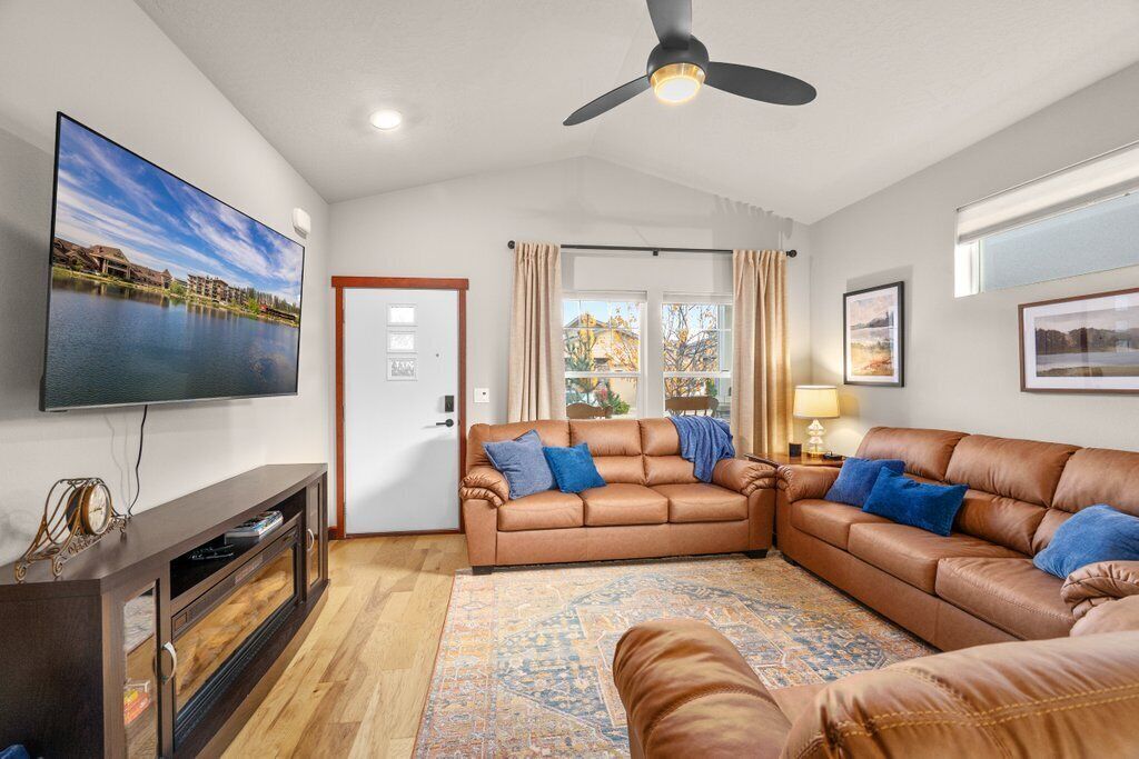 Smart TV, fireplace, books