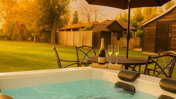 Een bubbelbad met een tafel, stoelen en een parasol, plus een fles champagne.