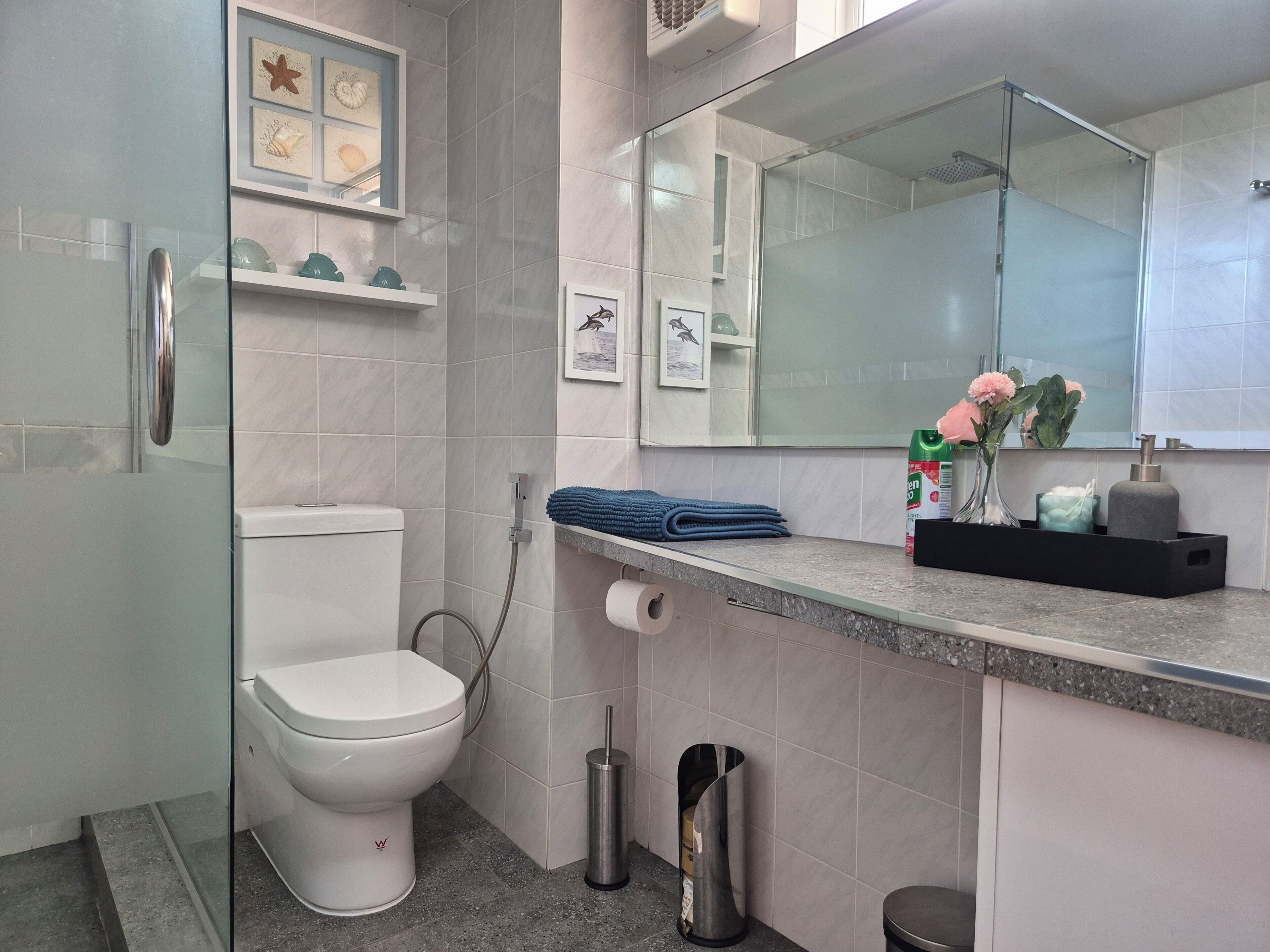 Shower, hair dryer, bidet, towels
