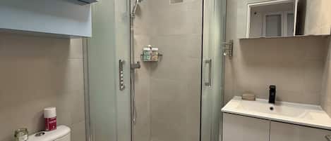 Hair dryer, towels, soap, toilet paper