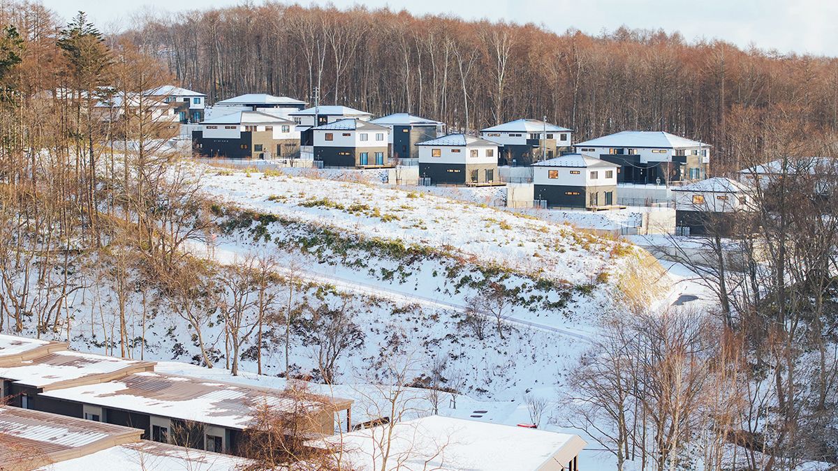 A residential area with multiple two-story houses, a snow-covered landscape, and a forest in the background.