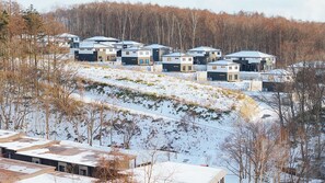 A residential area with multiple two-story houses, a snow-covered landscape, and a forest in the background. - LANSHAN HOTEL  (Naganuma)