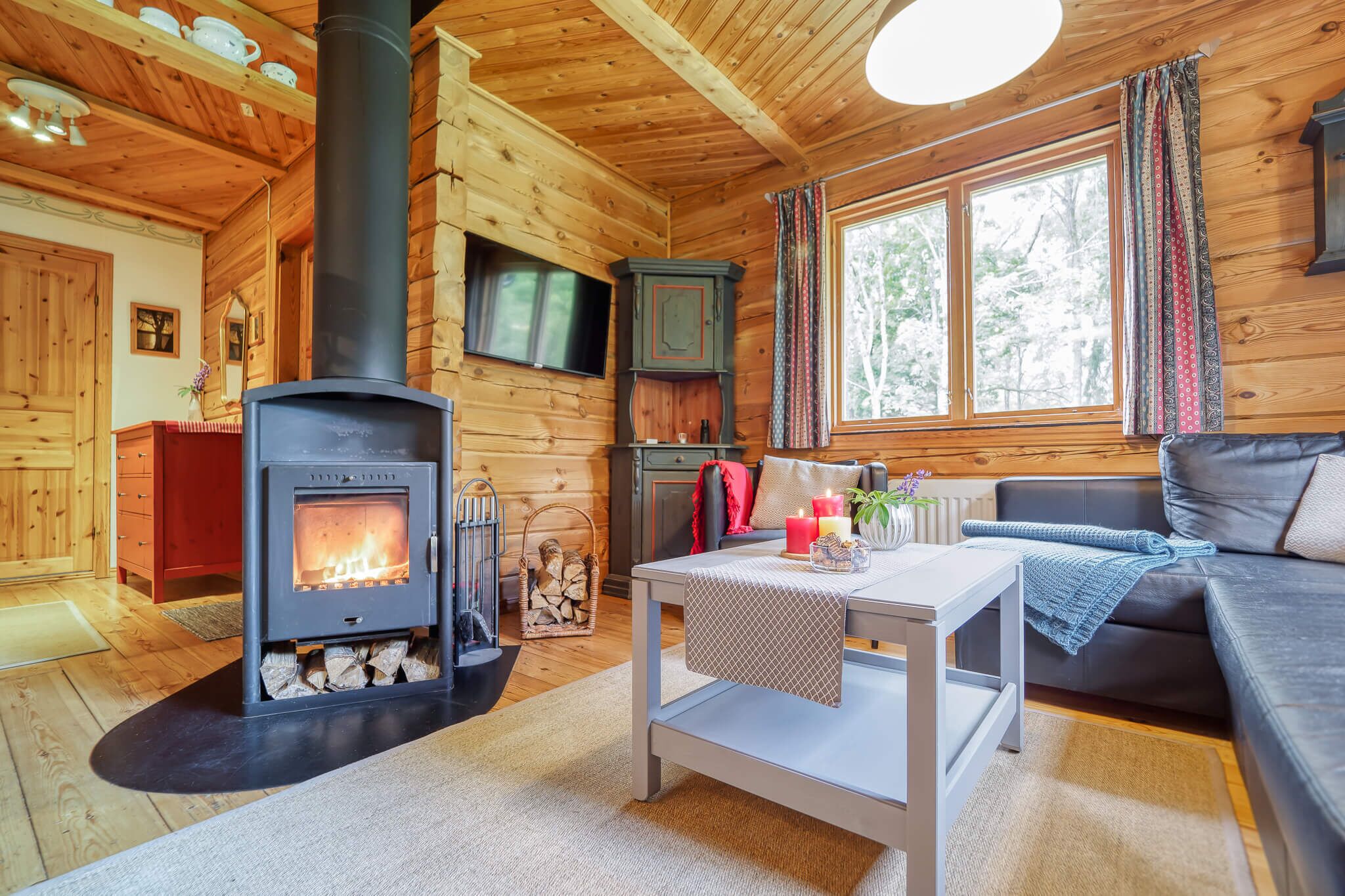 Una Smart TV, una chimenea, un reproductor de DVD, libros