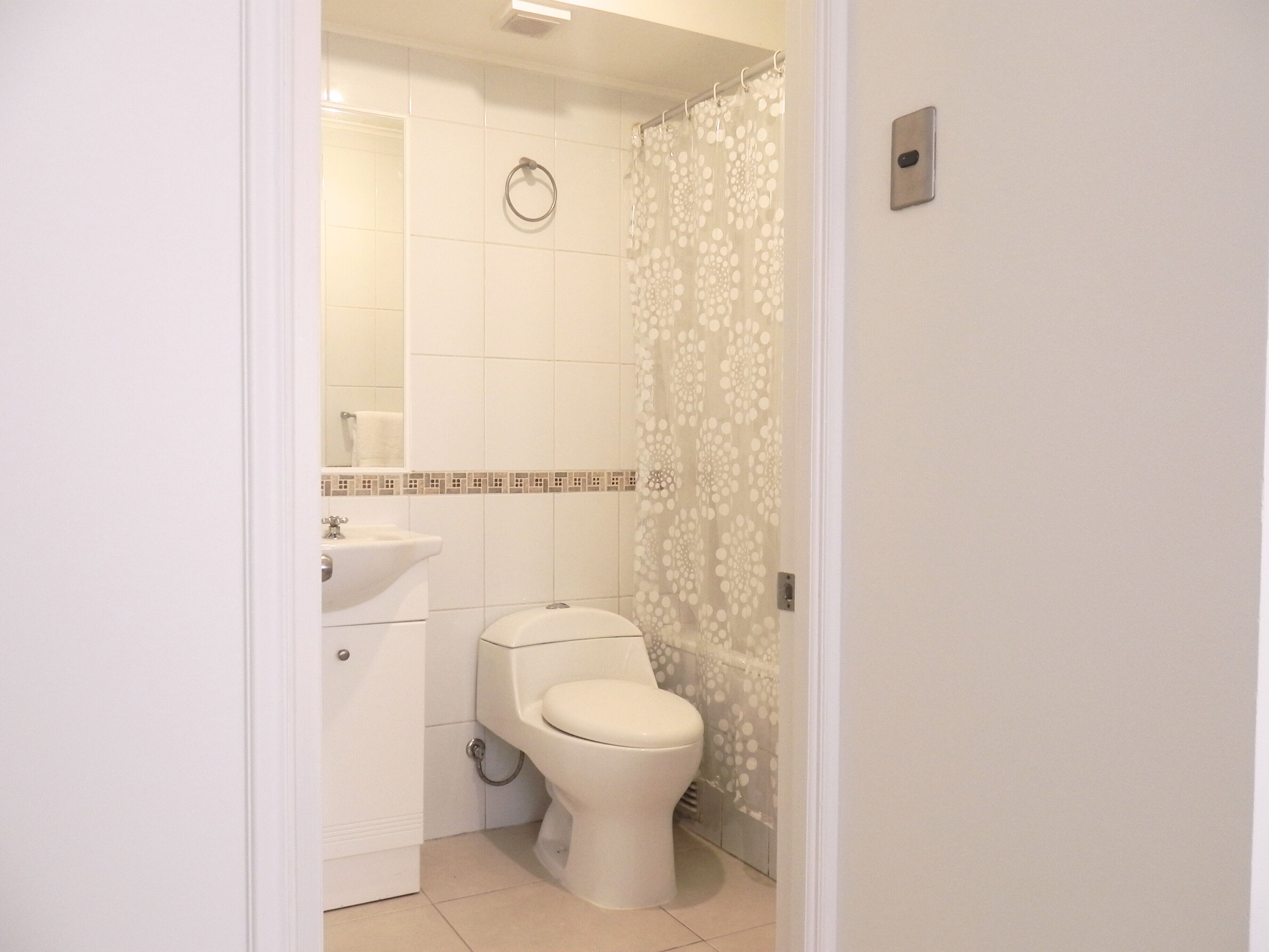 Hair dryer, towels, soap, toilet paper