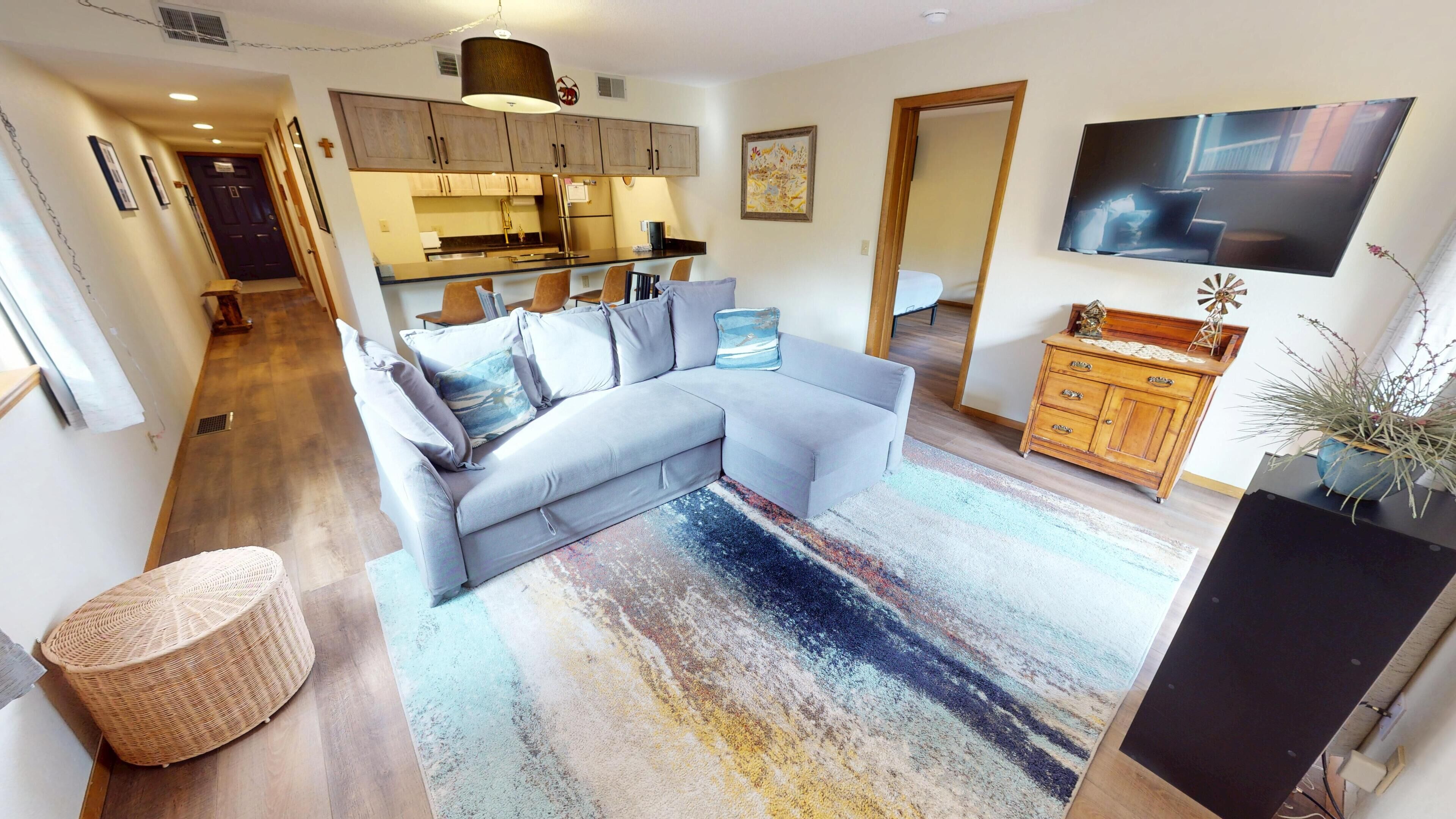 TV, fireplace, books