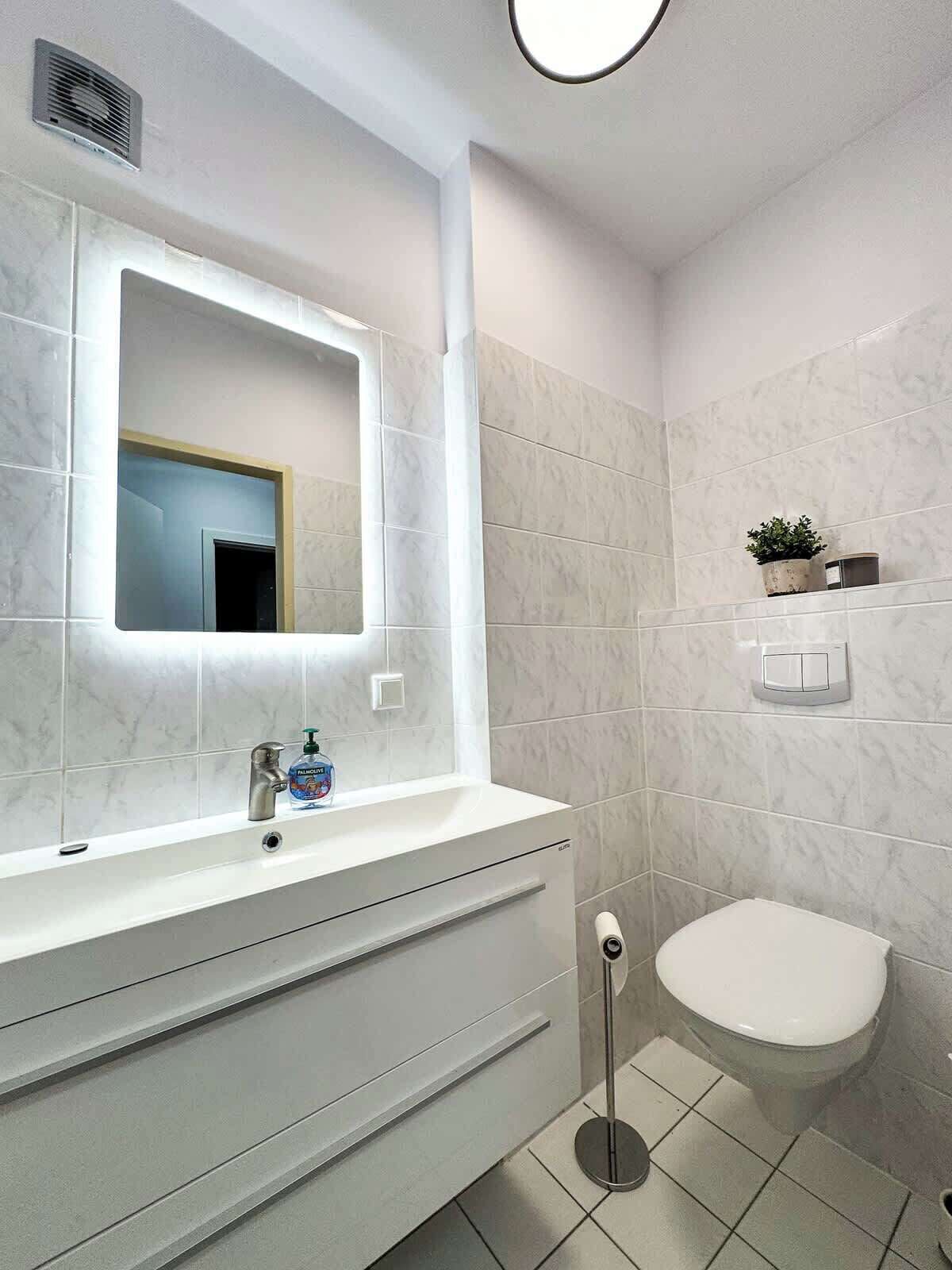 Shower, hair dryer, towels